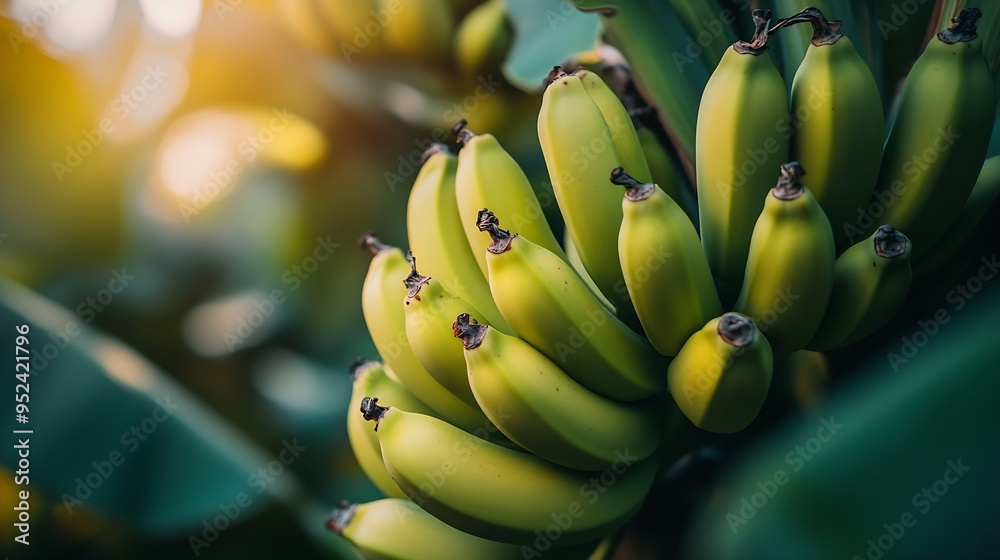 Poster a bunch of green bananas on tree : generative ai