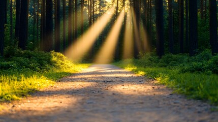 Obraz premium Sunbeams Through Forest Path - Golden Hour Nature