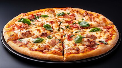 Tasty and juicy pizza on black background.