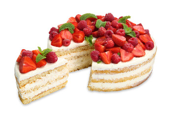 Tasty sponge cake with fresh berries and mint isolated on white