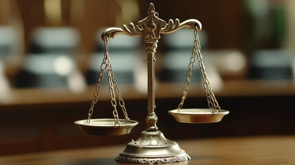 The floating golden scales of justice on the judge's table, courtroom background, law and justice concept, close-up view. 