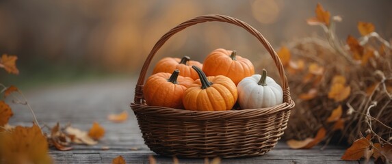 Small decorative pumpkins in wicker basket.