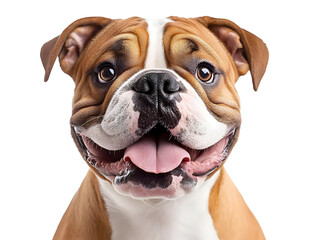 Obraz premium A happy bulldog with a wide grin, showcasing its playful personality and adorable features in a close-up portrait.