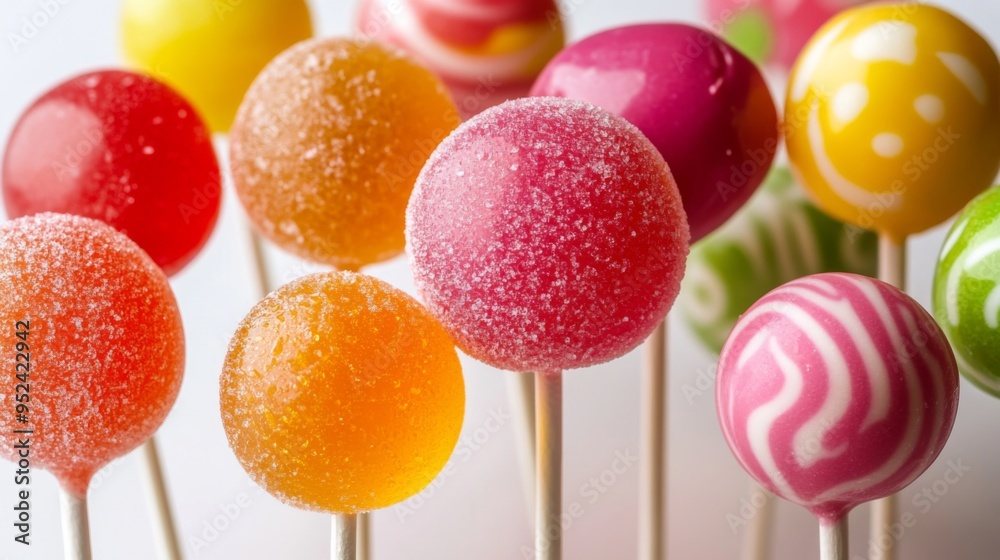 Aufkleber A close-up of a group of assorted lollipops with different flavors and colors, neatly arranged on a white surface to capture their vibrant and fun essence.