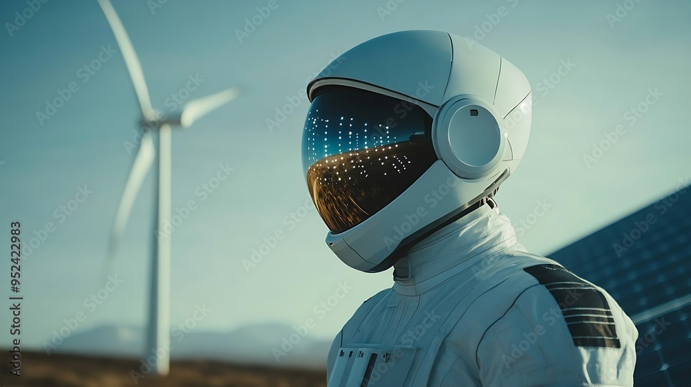 Poster engineer working for alternative energy farm wind turbine and solar panels concept focus on helmet :
