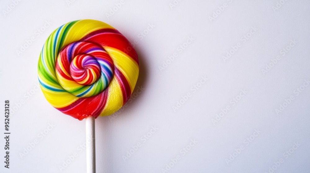 Poster a close-up of a single lollipop with a glossy finish and bright colors, captured against a clean whi