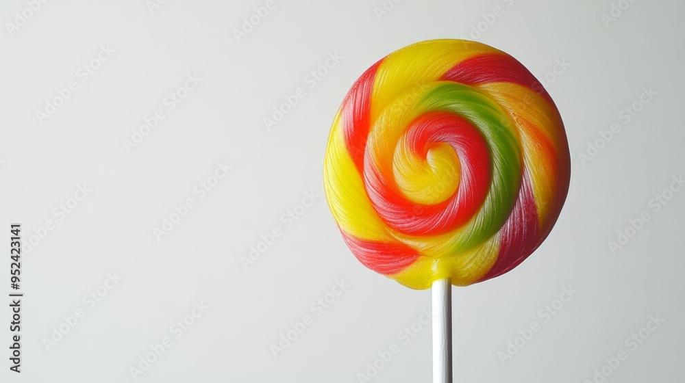 Poster a close-up of a single lollipop with a glossy finish and bright colors, captured against a clean whi