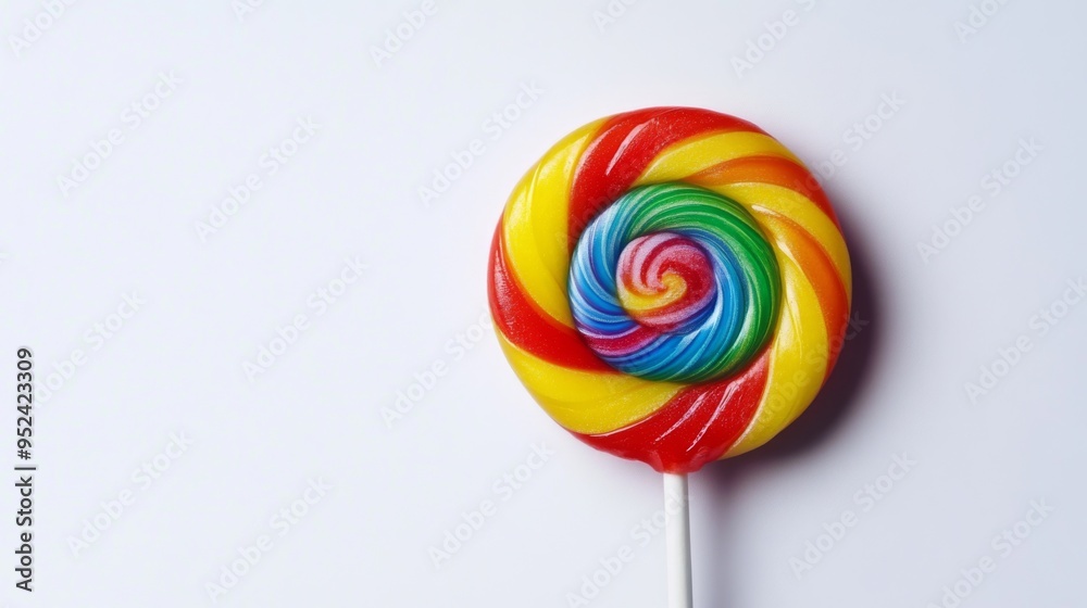 Poster a close-up of a single lollipop with a glossy finish and bright colors, captured against a clean whi