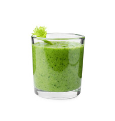 Tasty green smoothie in glass isolated on white