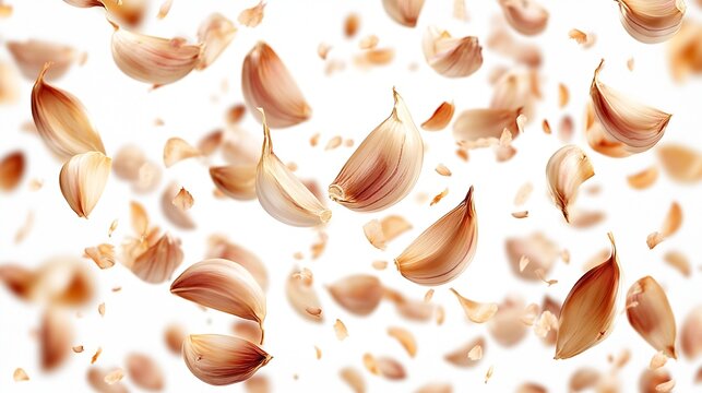 Garlic cloves flying in the air isolated on white background : Generative AI