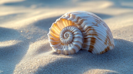 A delicate seashell resting on a sandy beach, its spiral form perfectly captured