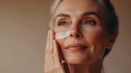 No filter close up photo of pretty cute senior woman apply cream face isolated on beige color background : Generative AI