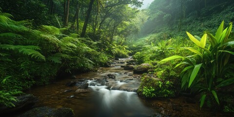 A stream flowing through a lush green forest