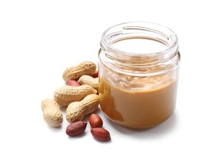 Tasty peanut butter and nuts isolated on white