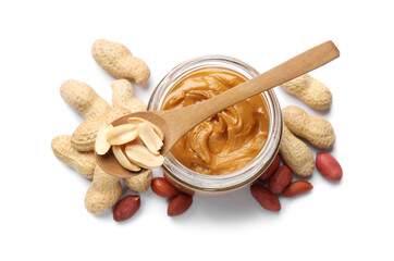 Tasty peanut butter and nuts isolated on white, top view