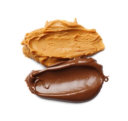 Tasty peanut butter isolated on white, top view