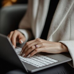 Woman Typing on Laptop, Closeup