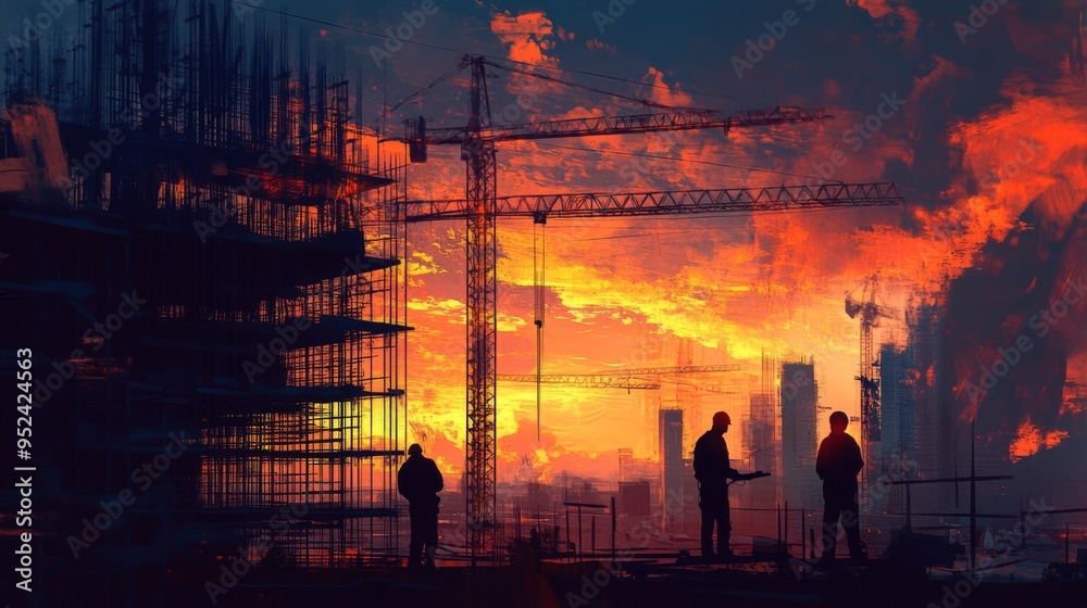 Poster a construction site at sunset with engineers reviewing progress, cranes, and scaffolding in the back