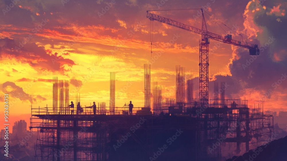 Poster a construction site at sunset with engineers reviewing progress, cranes, and scaffolding in the back