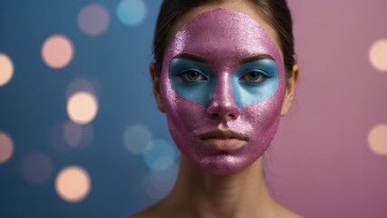 A digital image of a face with a blue-pink mask and a pink-blue background.