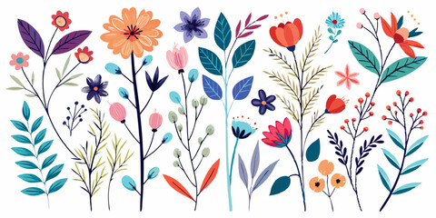 Floral branch and minimalist flowers on white background