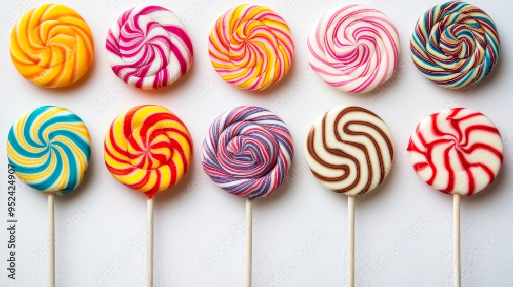 Aufkleber A colorful array of lollipops with vibrant swirls and patterns, arranged on a white surface to showcase their bright, eye-catching designs.