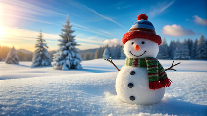 Obraz premium Charming snowman in a knitted hat and scarf against the background of snowy trees, sunny day, copy space