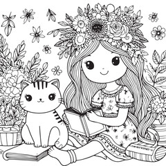 Cute girl and cat cat cartoon line art coloring page for kids. Baby cat animal coloring book illustration
