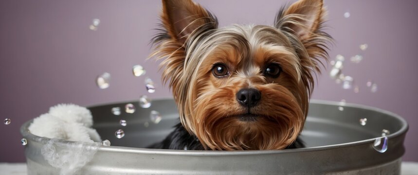 Yorkshire terrier dog in washtub with bubbles at the spa.