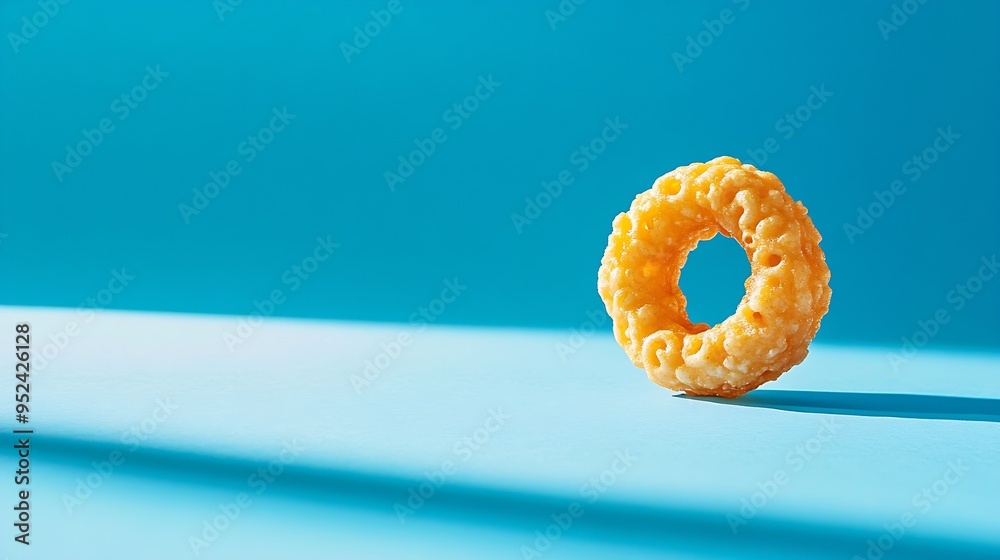 Poster Macro close up detail of single honey cheerios cereal isolated on blue with shadow : Generative AI