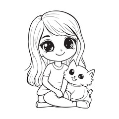 Cute girl and cat cat cartoon line art coloring page for kids. Baby cat animal coloring book illustration