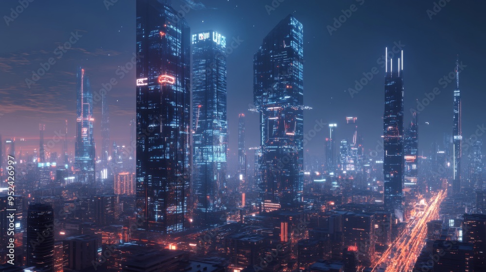 Poster a futuristic cityscape with illuminated skyscrapers and advanced technology elements integrated into