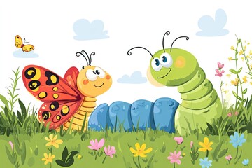 Obraz premium Cute cartoon butterfly and caterpillar characters garden insects, cartoon vector illustration for children