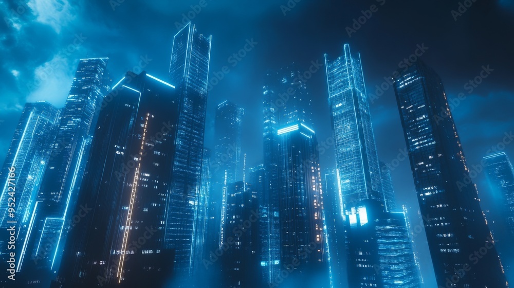Aufkleber A futuristic cityscape with illuminated skyscrapers and advanced technology elements integrated into the architecture, set against a night sky