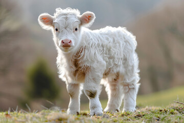 Naklejka premium a baby cow standing on a grass covered field