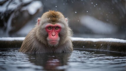 Naklejka premium Japanese macaque monkey taking a bath in hot spring in winter.