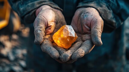 Close-up of a mine engineer hands holding a orange diamond, with mining equipment in the background