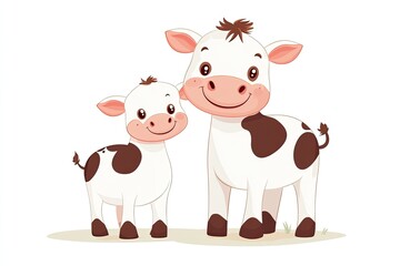 Fototapeta premium Cute cartoon cow and calf characters farm animals, cartoon vector illustration for children