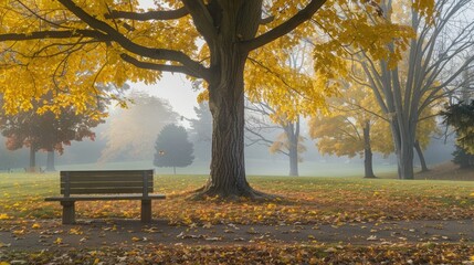 In the park, there is an empty bench under autumn trees 