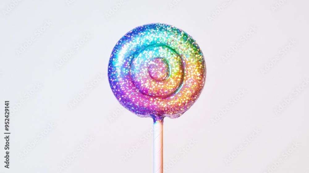 Poster a high-quality image of a lollipop with a glittery, iridescent finish, creating a magical effect and
