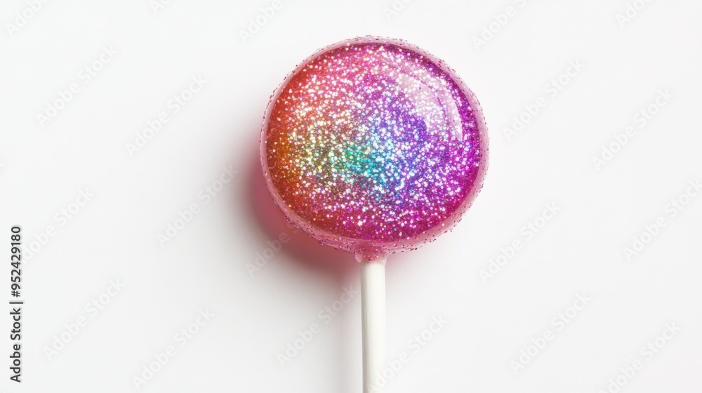 Poster a high-quality image of a lollipop with a glittery, iridescent finish, creating a magical effect and