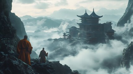 Mystical mountain temple with clouds surrounding it and monks engaged in martial arts Ancient weathered textures and mystical foggy ambiance 3D-rendered architecture