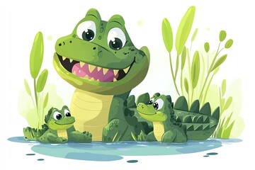 Fototapeta premium Cute cartoon crocodile and hatchling characters swamp animals, cartoon vector illustration for children
