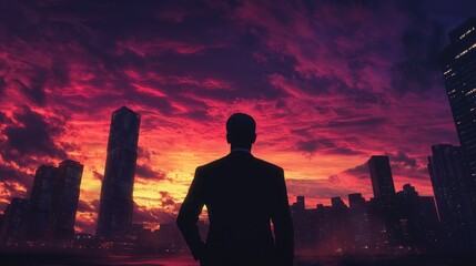 Fototapeta premium A man in a suit stands against a backdrop of a city skyline, illuminated by a red and orange sunset.