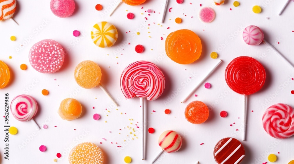 Poster a high-resolution image of multiple lollipops with different flavors and shapes, artistically scatte
