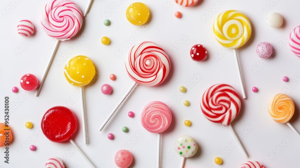 Poster A high-resolution image of multiple lollipops with different flavors and shapes, artistically scattered on a white surface to emphasize their variety and fun.