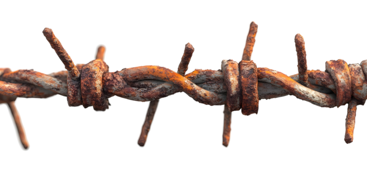 Rusty barbed wire twisted and tangled, showcasing its aged texture and weathered metal. Ideal for themes of restriction and danger.
