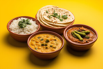 Traditional Indian food in four bowls on a yellow background, Indian food with rice and wheat parathas, fresh okra or lady's finger sambal isolated, a South Asian meal tiffin box.