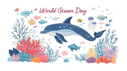 World Ocean Day with Dolphins and Ocean Life in Flat Cartoon Style