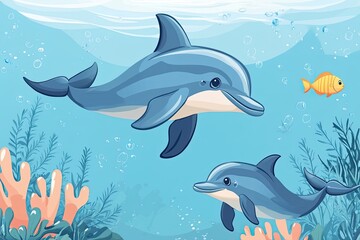 Obraz premium Cute cartoon dolphin and calf characters marine animals, cartoon vector illustration for children